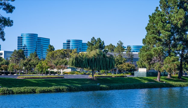 waterfront view of Oracle headquarters from Grand Bay Hotel in the Bay Area